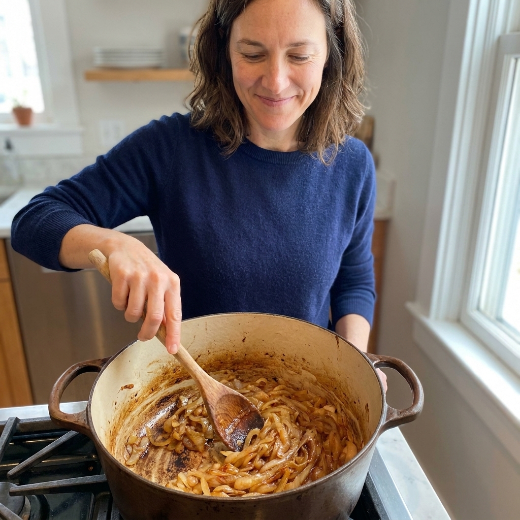 A Dutch oven filled with deeply caramelized onions turned a rich golden brown, with a wooden spoon stirring and browned fond visible on the pot bottom