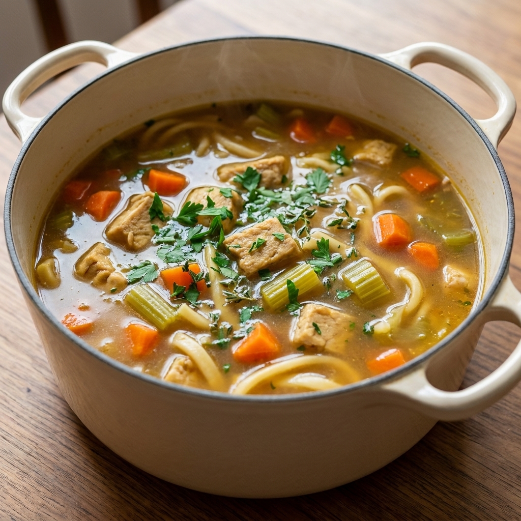 A Dutch oven filled with golden plant-based chickenless noodle soup, carrots and celery visible in the broth with herbs floating on top