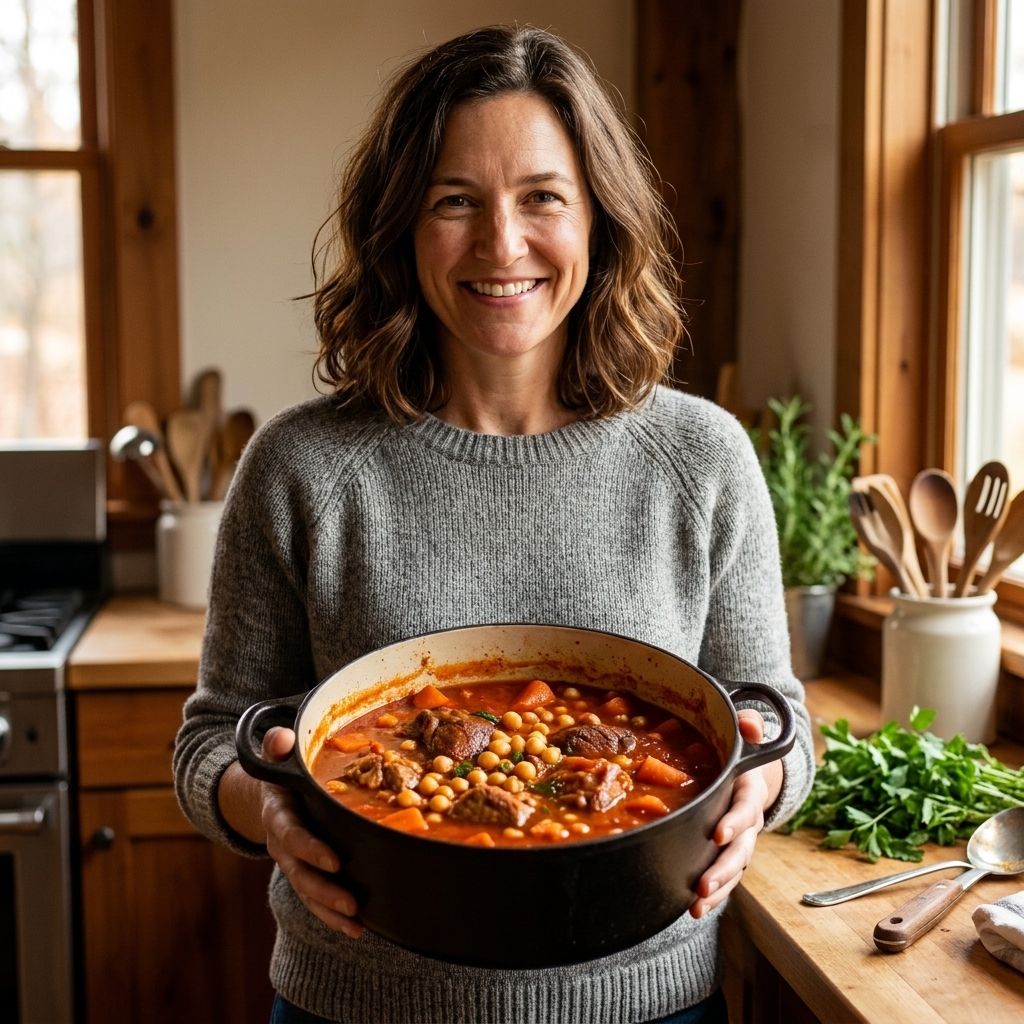 A Dutch oven filled with lamb shoulder stew, chickpeas, and carrots in a warmly spiced tomato broth