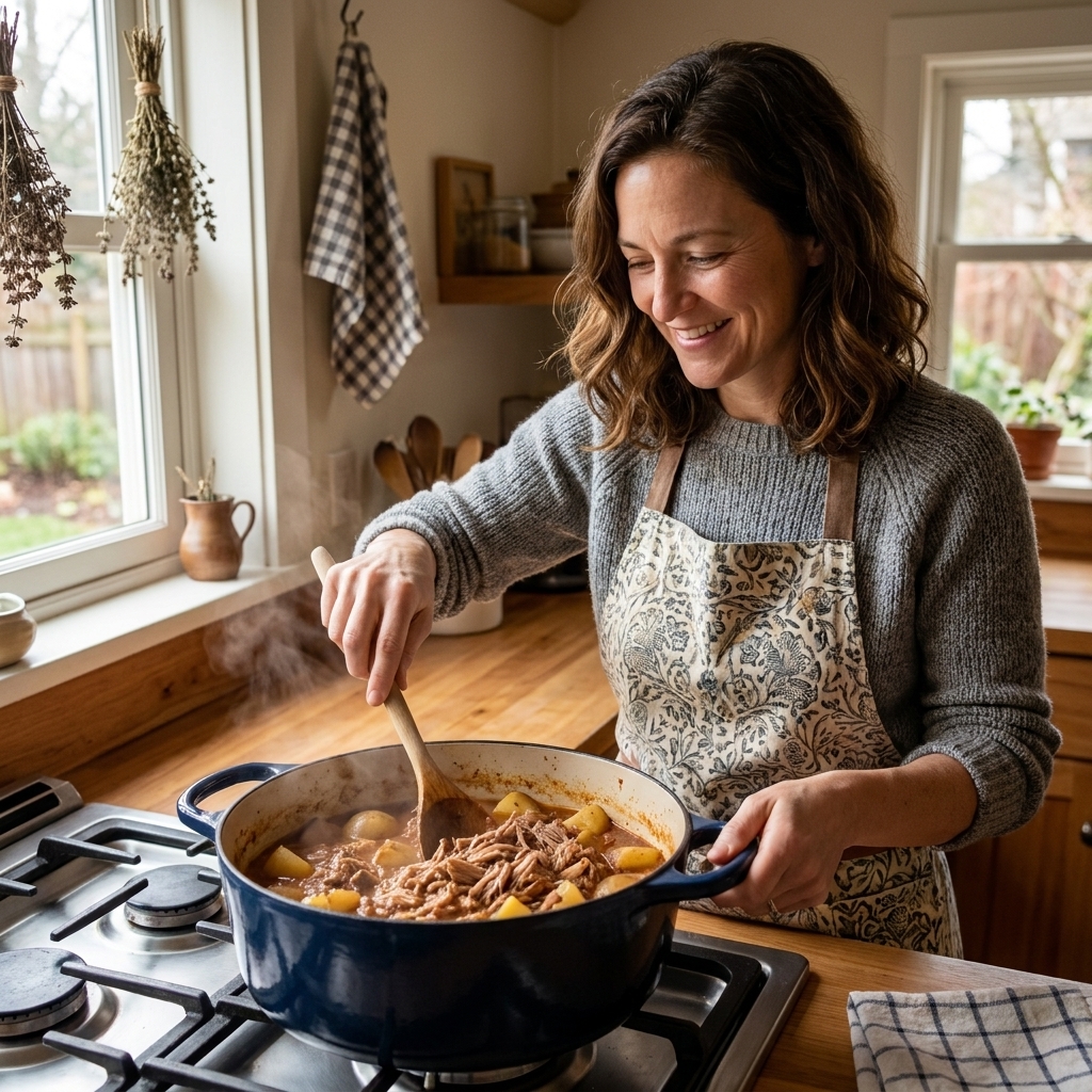 A Dutch oven on a stovetop filled with pulled pork stew and potatoes, with a wooden spoon resting on the rim, cozy kitchen scene