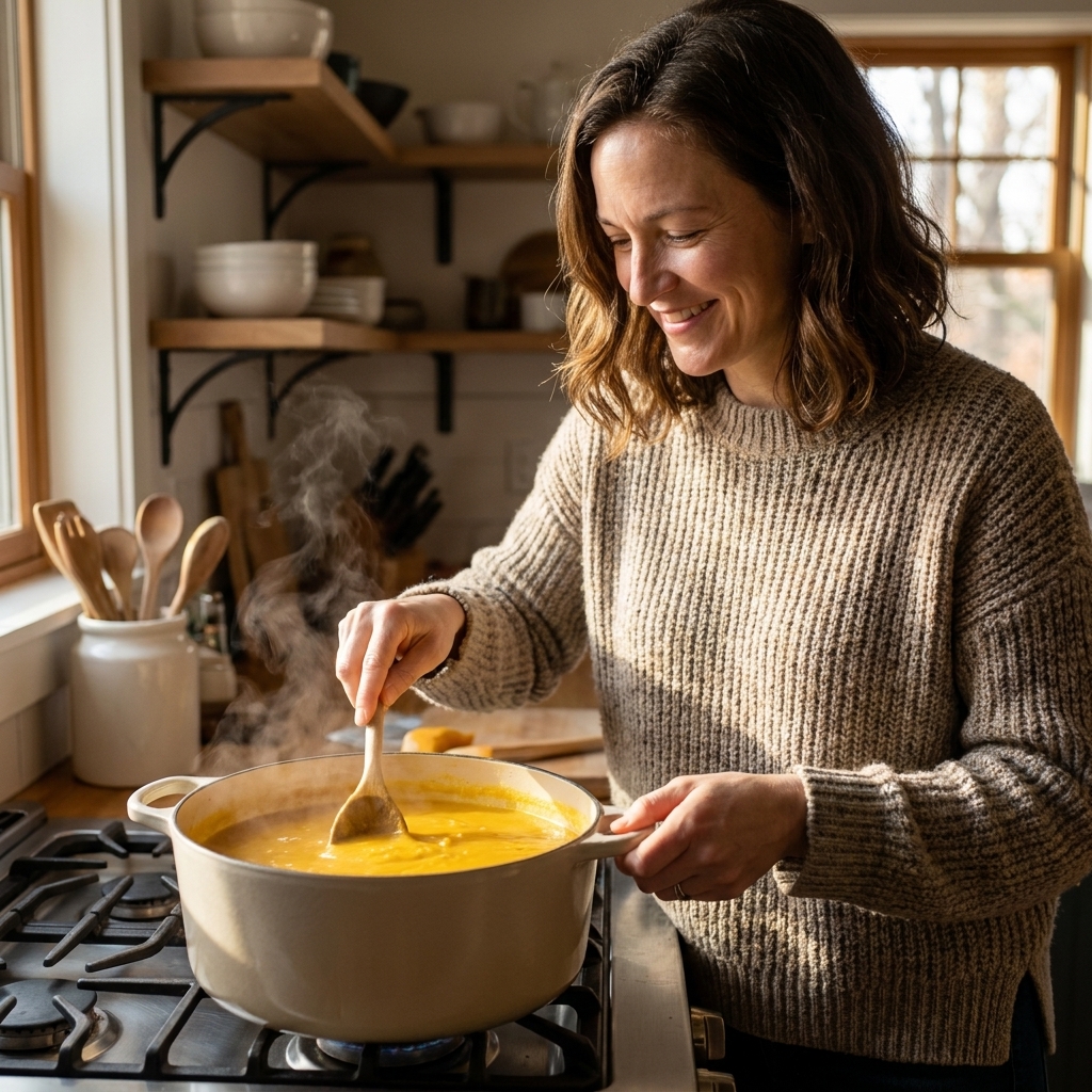 A Dutch oven on a stovetop with golden soup simmering gently, steam rising, and a wooden spoon resting on the rim in a cozy home kitchen