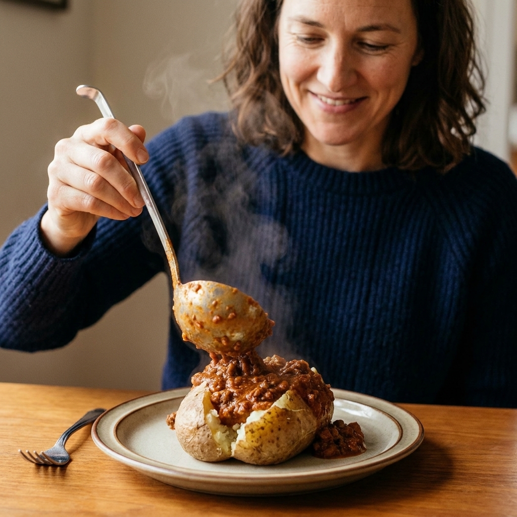 A baked potato split open and topped with a ladle of meaty chili on a dinner plate with a fork beside it