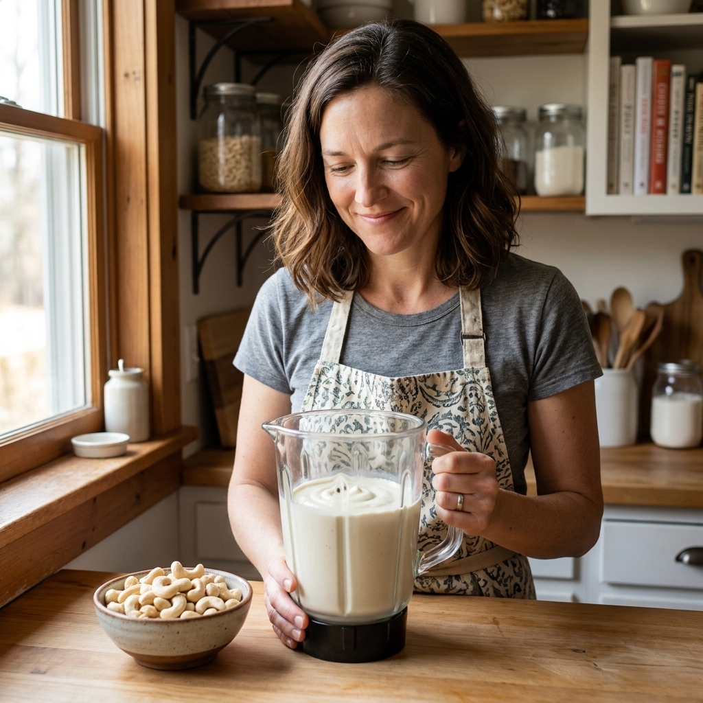 A blender jar filled with smooth cashew cream on a kitchen counter next to a small bowl of raw cashews