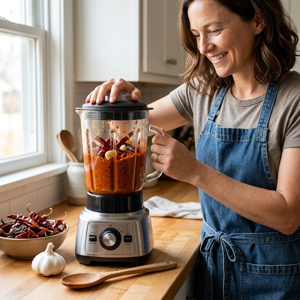 A blender jar filled with soaked red chiles and garlic being blended into a smooth brick-red paste on a kitchen counter