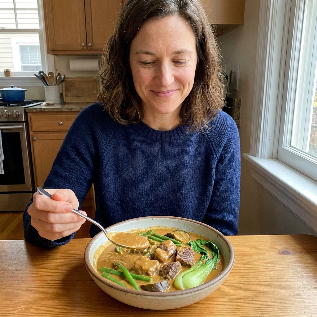 A bowl of Filipino-style peanut stew with tender beef and vegetables in a thick tan sauce
