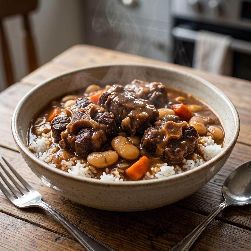 A bowl of Jamaican oxtail stew with thick gravy and butter beans served over rice