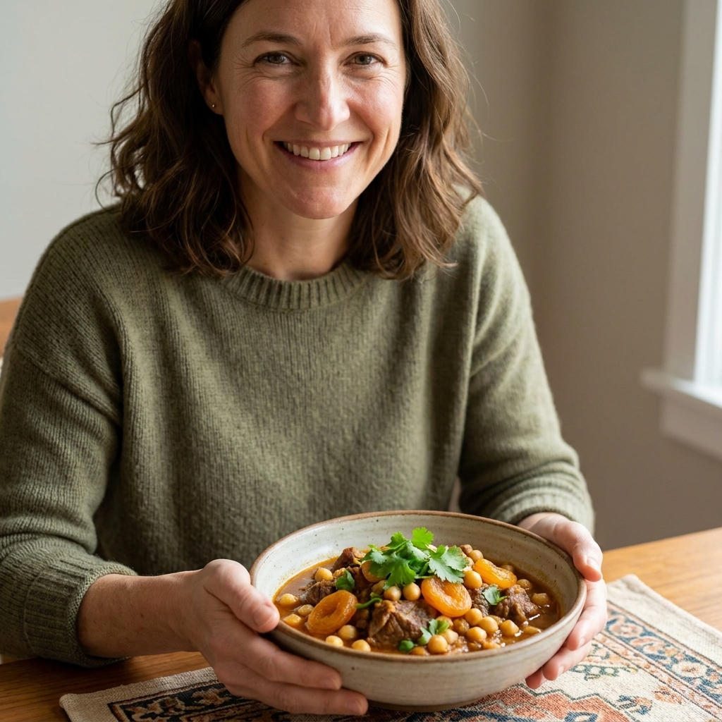 A bowl of Moroccan-style lamb stew with chickpeas and dried apricots, garnished with fresh herbs