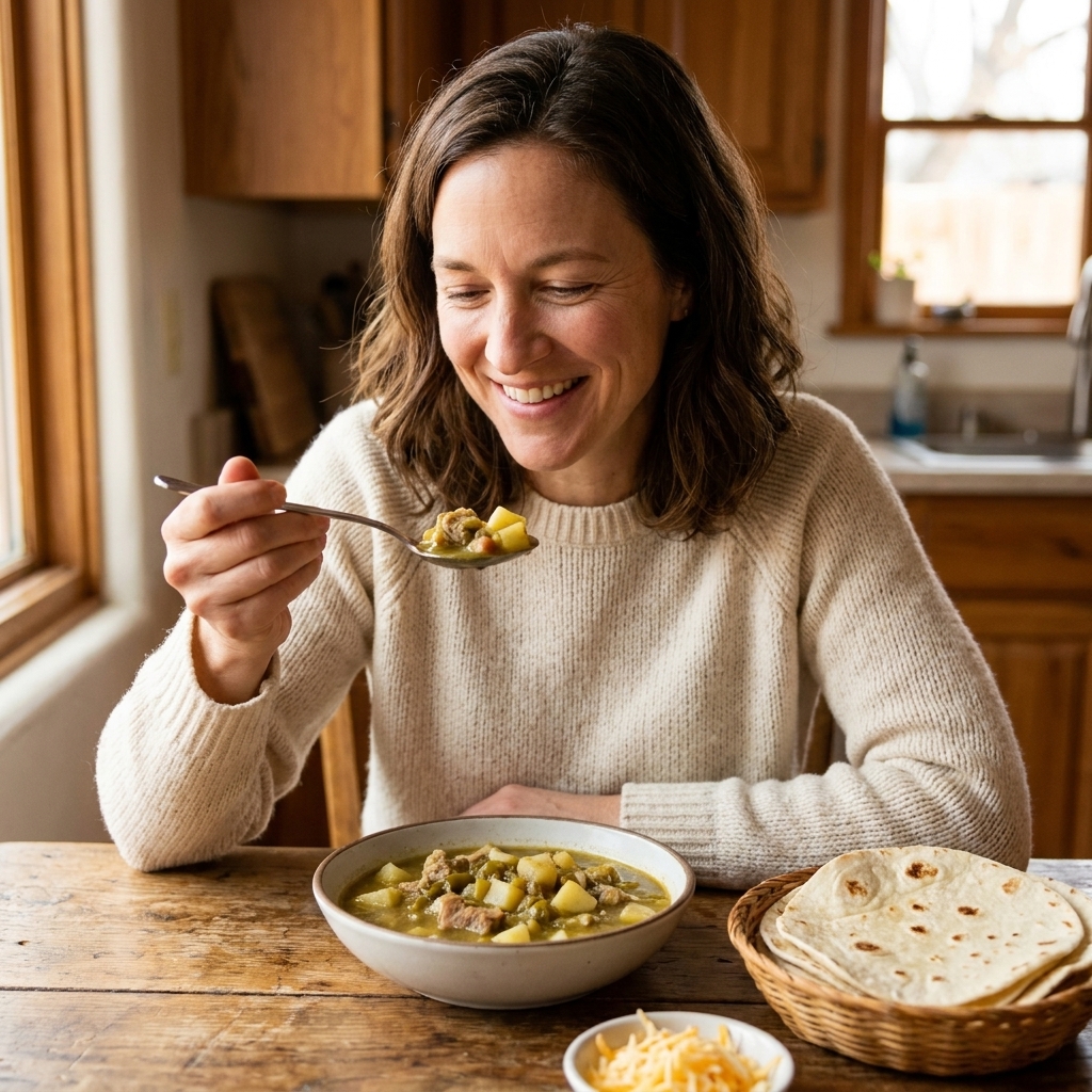 A bowl of New Mexico-style green chile stew with tender pork pieces, roasted green chile broth, and diced potatoes, photographed with warm tortillas nearby
