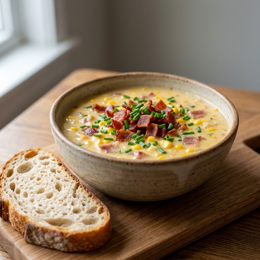 A bowl of bacon, cheddar, and sweet corn chowder topped with chopped chives and crisp bacon pieces, with a slice of crusty bread on the side