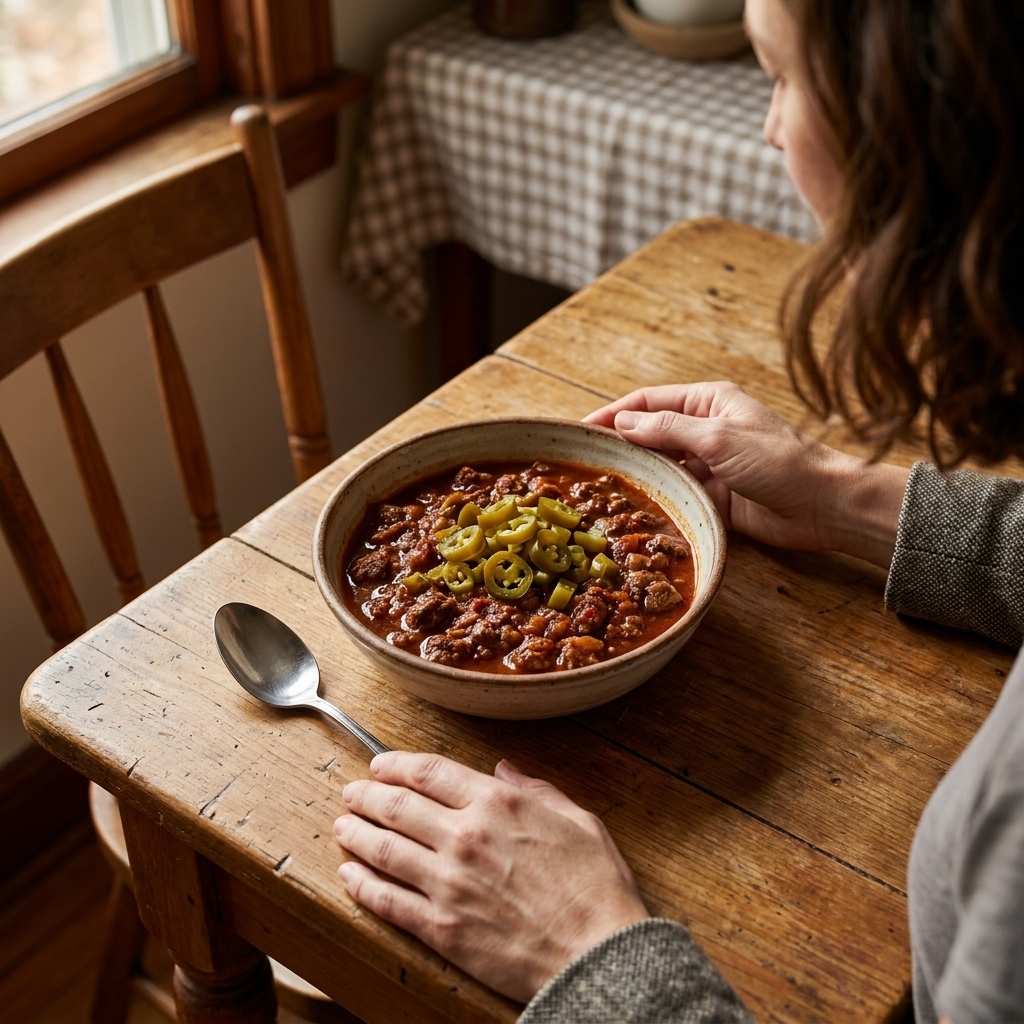 A bowl of beef chili garnished with chopped pickled jalapeños and a spoon resting beside it on a kitchen table