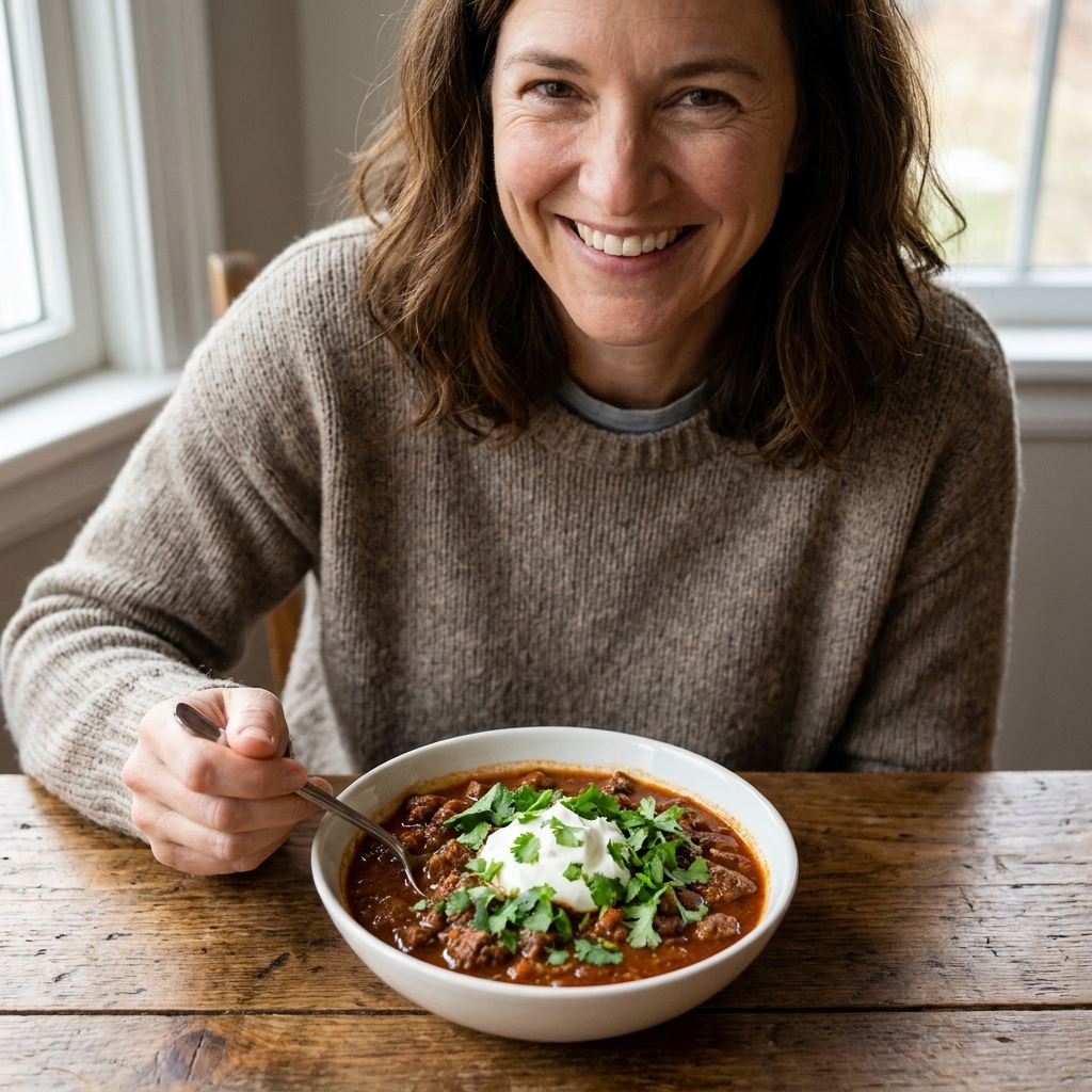 A bowl of beef chili topped with a generous dollop of sour cream and chopped cilantro on a wooden table