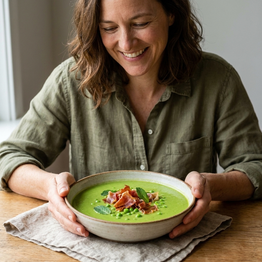 A bowl of bright pea soup topped with crispy prosciutto pieces and fresh mint leaves on a linen napkin