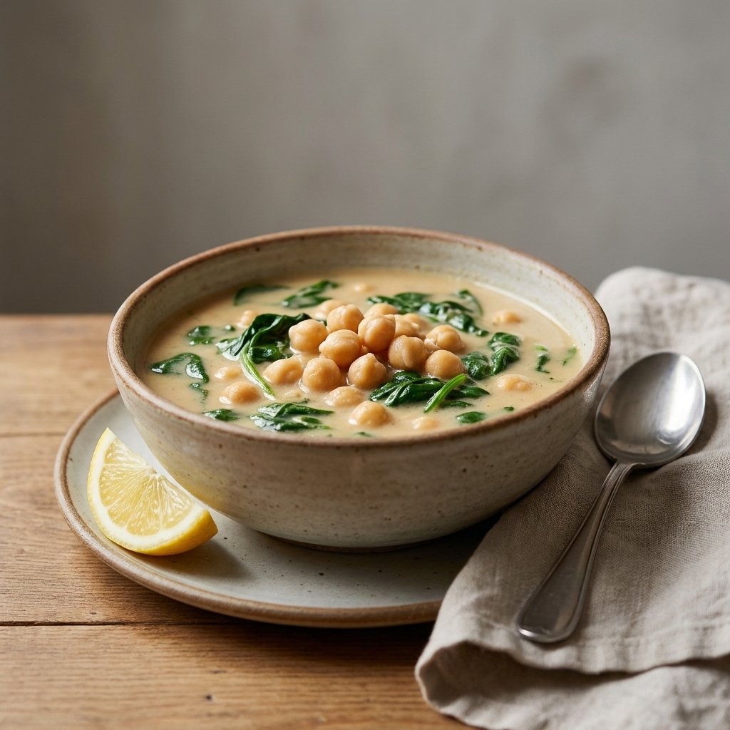 A bowl of chickpea and spinach soup with a creamy tahini-tinted broth and a lemon wedge on the side