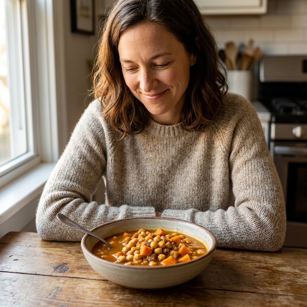 A bowl of chickpea and sweet potato stew on a wooden table, with a spoon resting on the rim and visible tender chunks in a warmly spiced broth