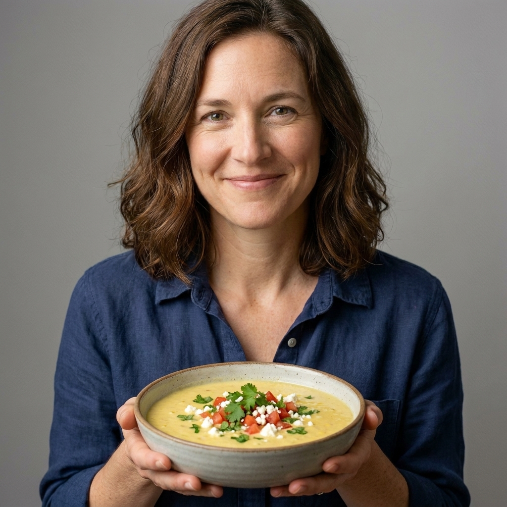 A bowl of chilled sweet corn soup topped with chopped cilantro, diced tomatoes, and a sprinkle of crumbled cheese