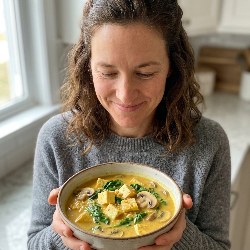 A bowl of coconut curry quinoa soup with tofu cubes, spinach, and sliced mushrooms in a creamy golden broth