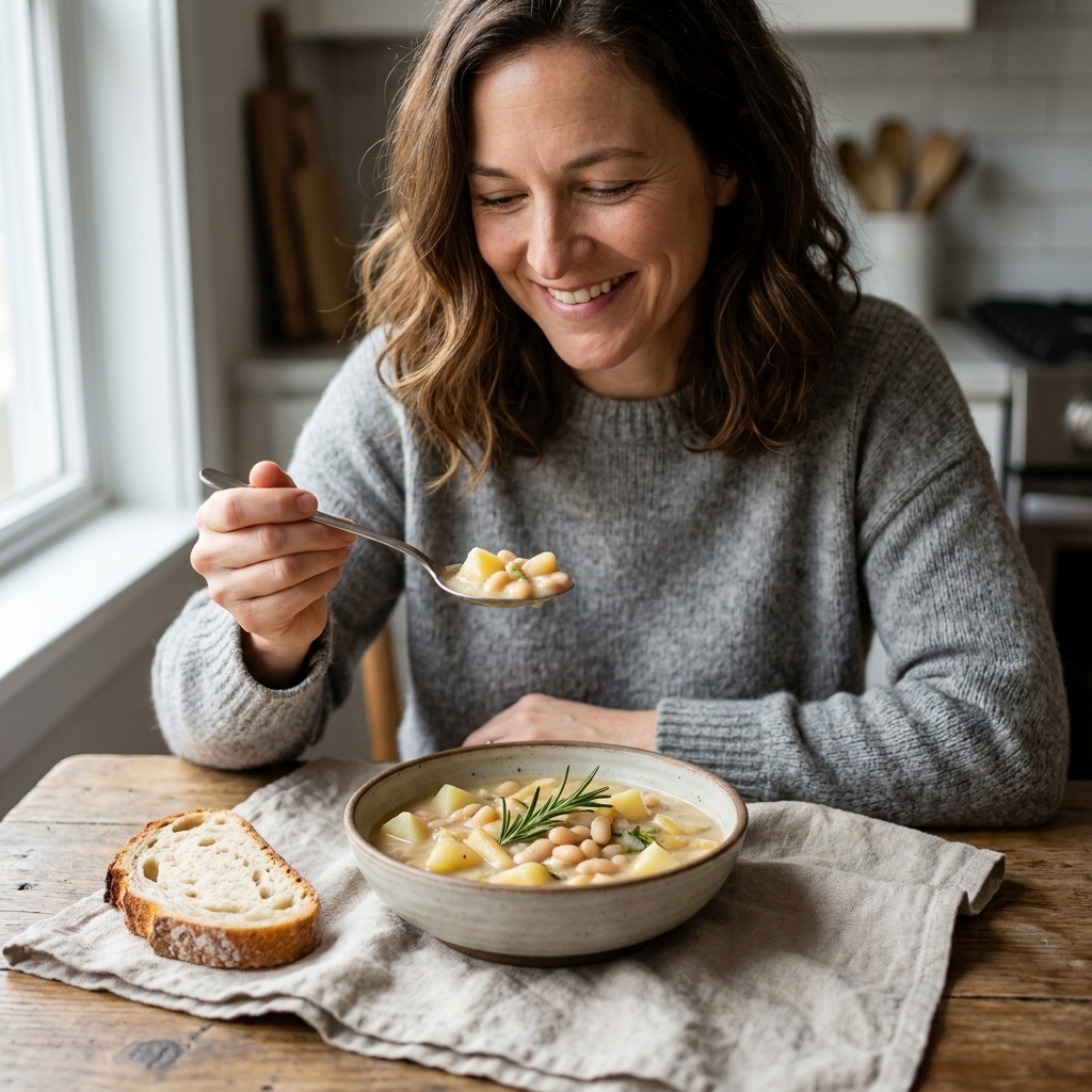 A bowl of creamy parsnip and potato stew with white beans and rosemary, served with a slice of crusty bread on a linen napkin