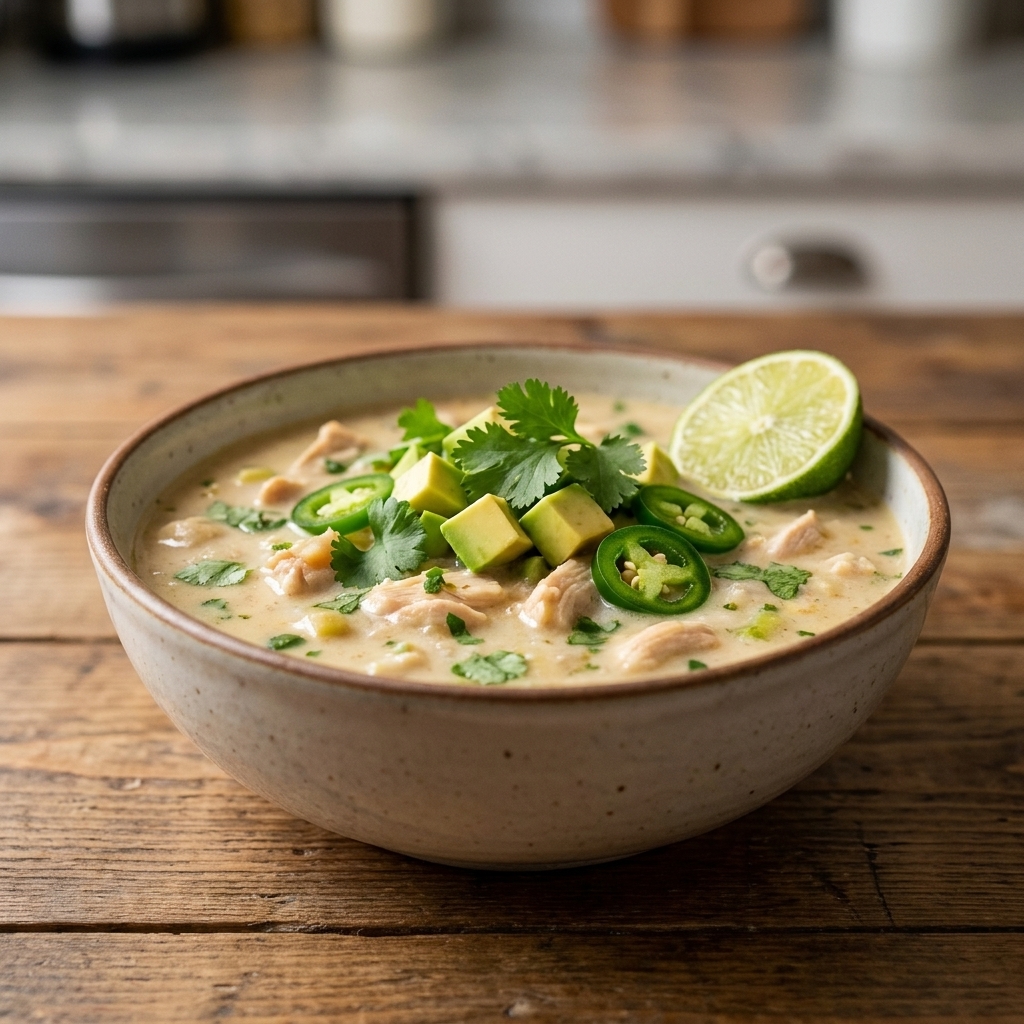 A bowl of creamy white chicken chili topped with diced avocado, cilantro leaves, and sliced jalapeño with a lime wedge on the side