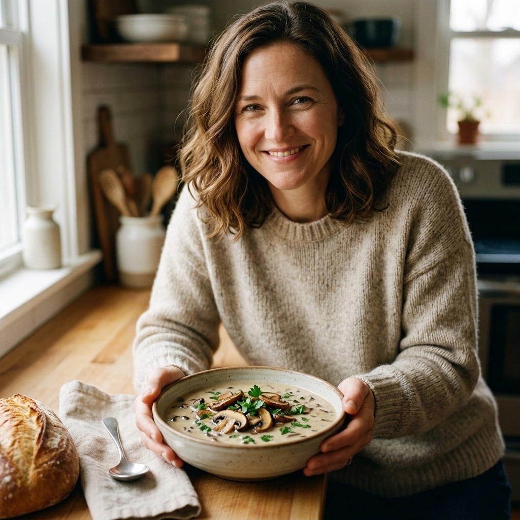 A bowl of creamy wild rice mushroom soup with sliced cremini mushrooms and chopped parsley on top, photographed on a kitchen counter
