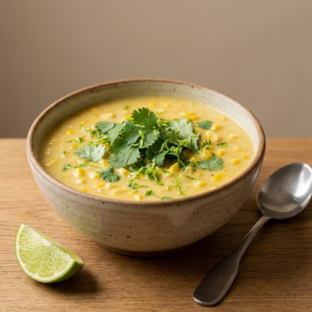 A bowl of dairy-free coconut corn chowder garnished with cilantro leaves and lime zest, with a lime wedge and spoon beside the bowl