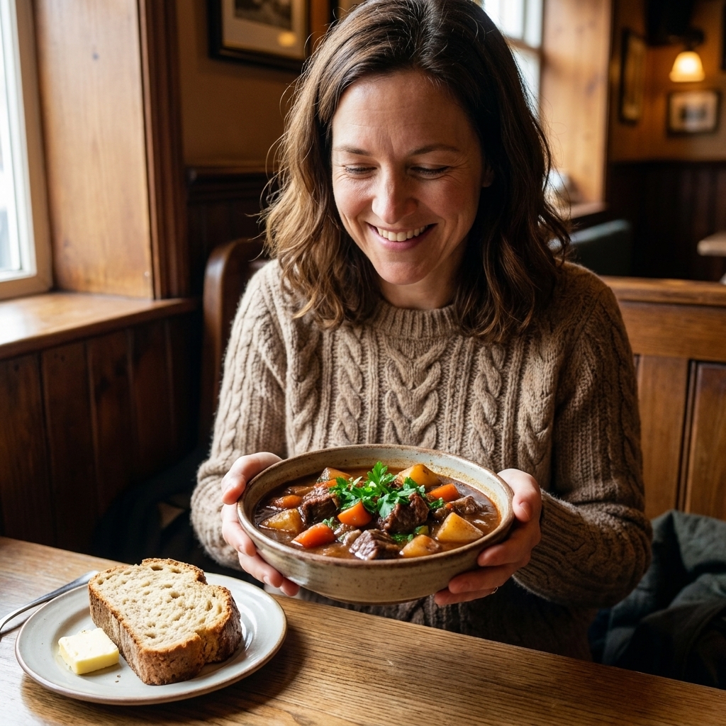 A bowl of dark Guinness beef stew with carrots and potatoes, served with a slice of soda bread