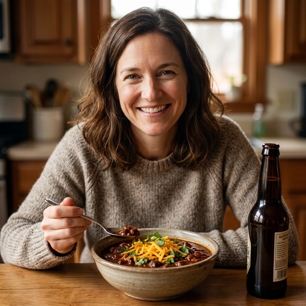 A bowl of dark, rich chili with a glossy surface, topped with shredded cheese and cilantro, with a dark beer bottle nearby