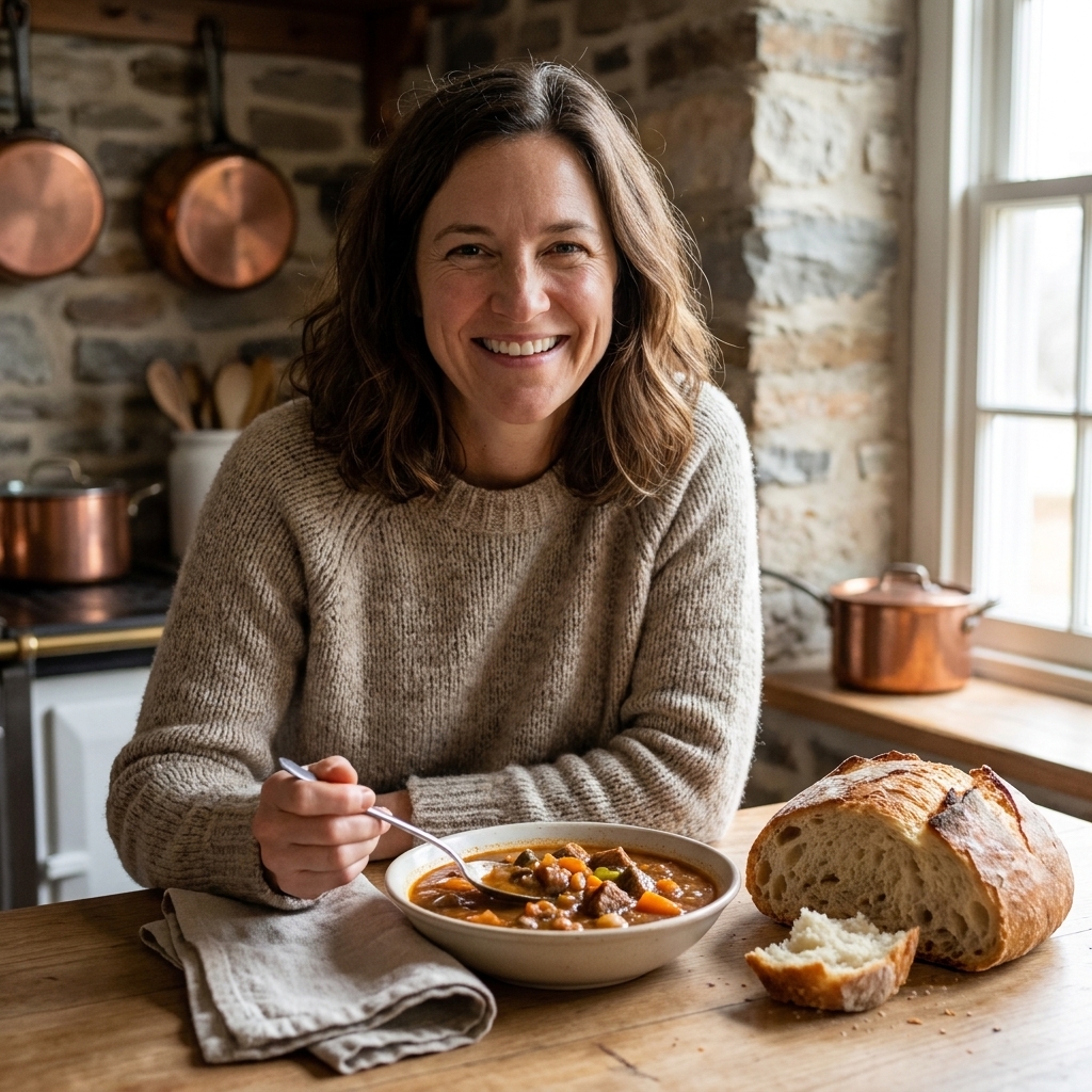 A bowl of hearty quick stew next to a torn loaf of crusty bread on a kitchen counter with a spoon and napkin