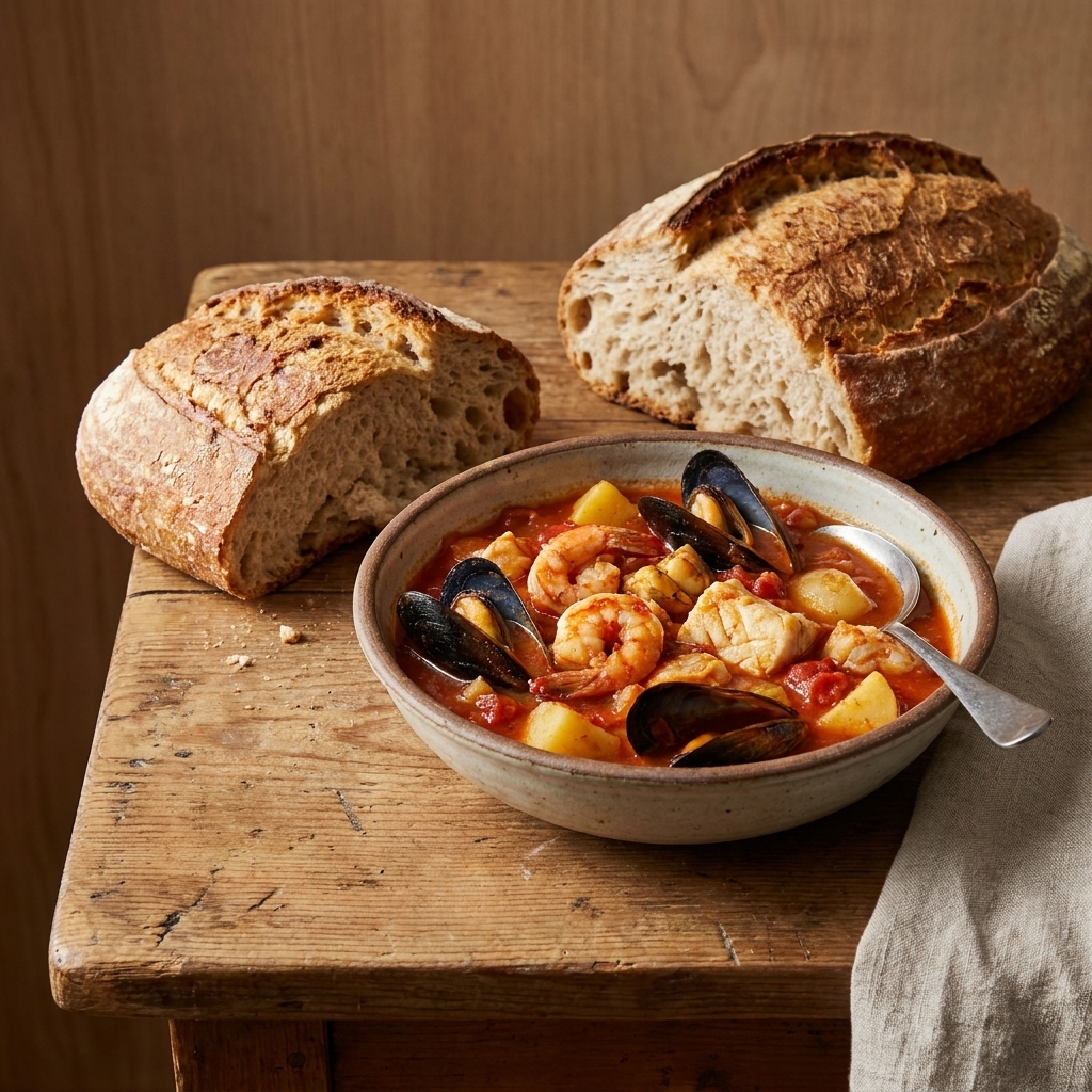 A bowl of hearty seafood stew on a wooden table with a torn loaf of crusty bread beside it, ready for dipping