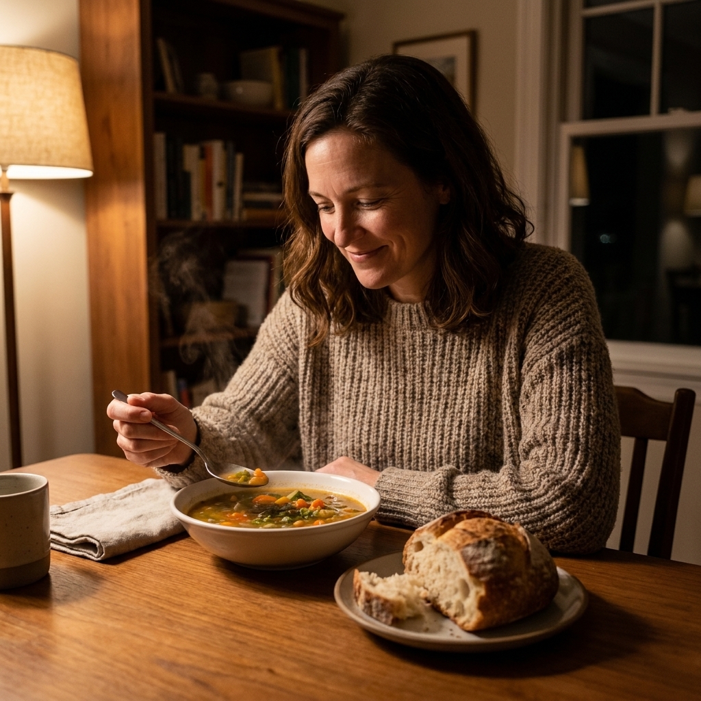 A bowl of hot soup on a table next to a torn piece of crusty artisan bread, cozy dinner setting