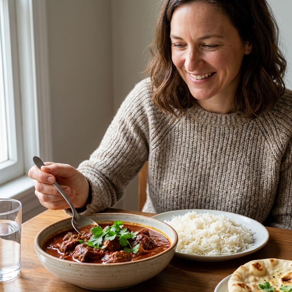 A bowl of lamb rogan josh with a deep red sauce, topped with cilantro, served with rice