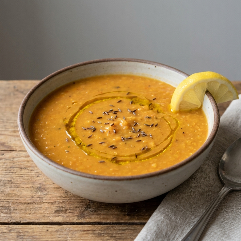 A bowl of lemony red lentil soup with visible cumin specks and a swirl of olive oil, served with a lemon wedge