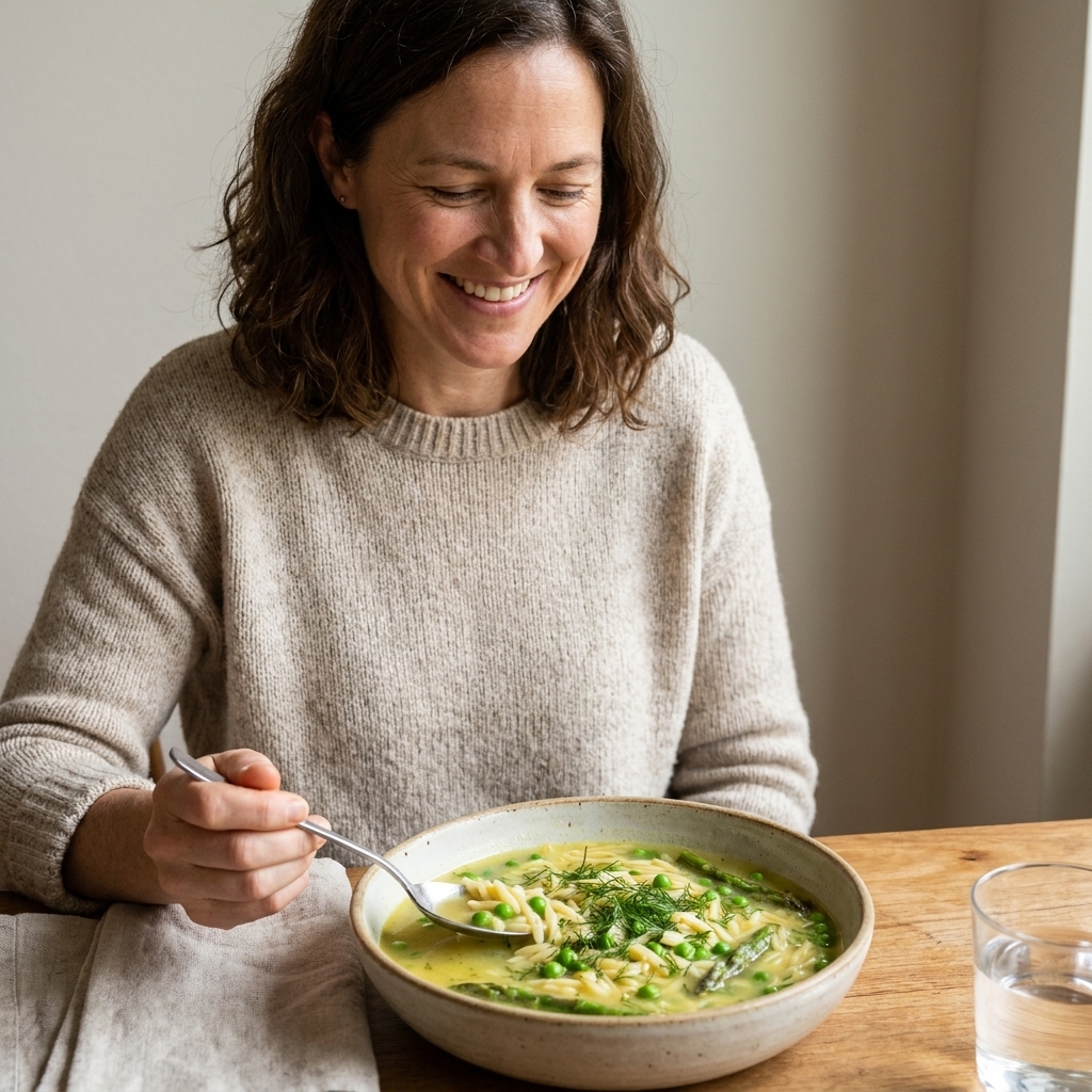 A bowl of lemony spring soup with orzo, peas, and asparagus pieces, topped with fresh dill