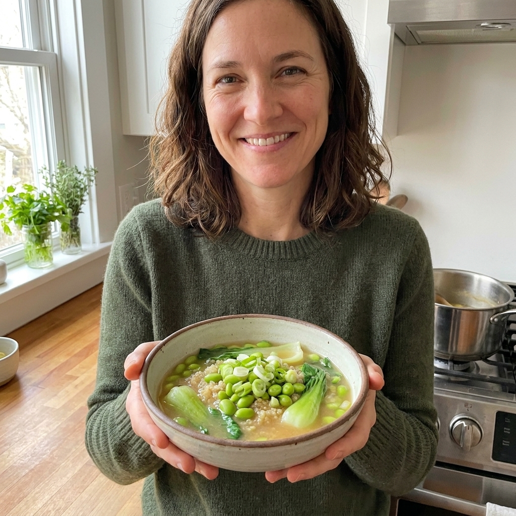 A bowl of miso ginger quinoa soup with edamame, bok choy, and sliced scallions in a light broth