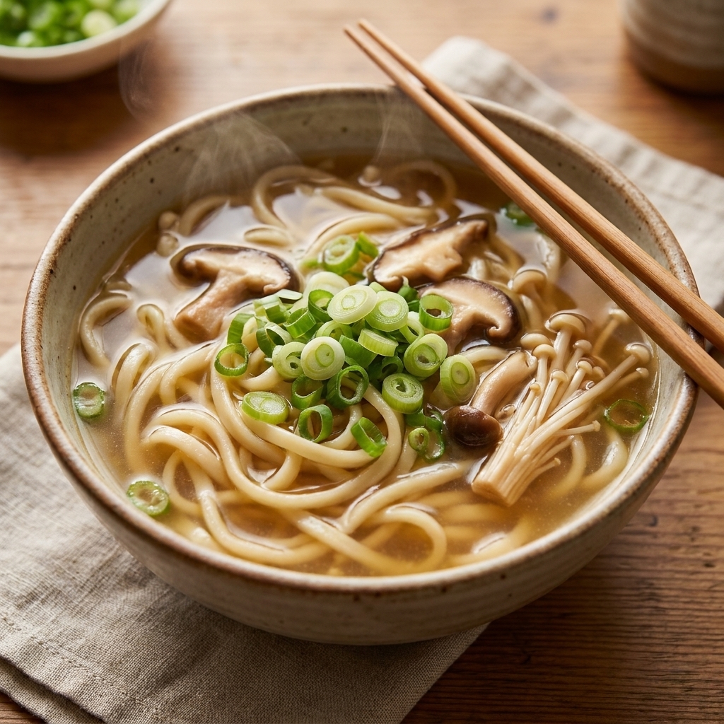 A bowl of miso noodle soup with sliced scallions and mushrooms in a light golden broth, with chopsticks resting on the rim