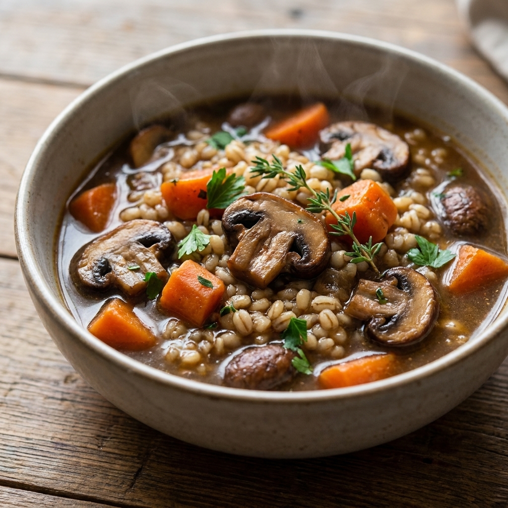 A bowl of mushroom and root vegetable stew with barley, showing browned mushrooms and tender carrots in a rich broth