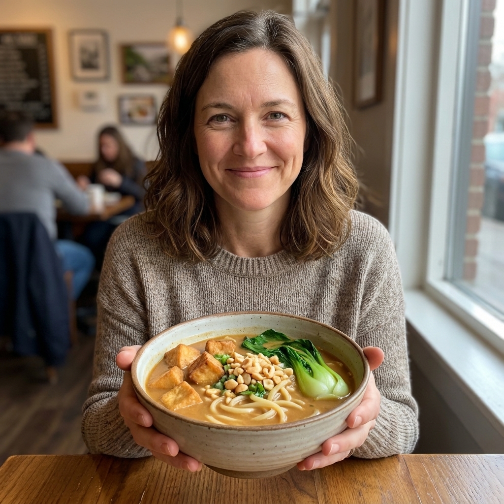 A bowl of peanutty ramen soup with tofu cubes, bok choy, and noodles in a rich tan broth