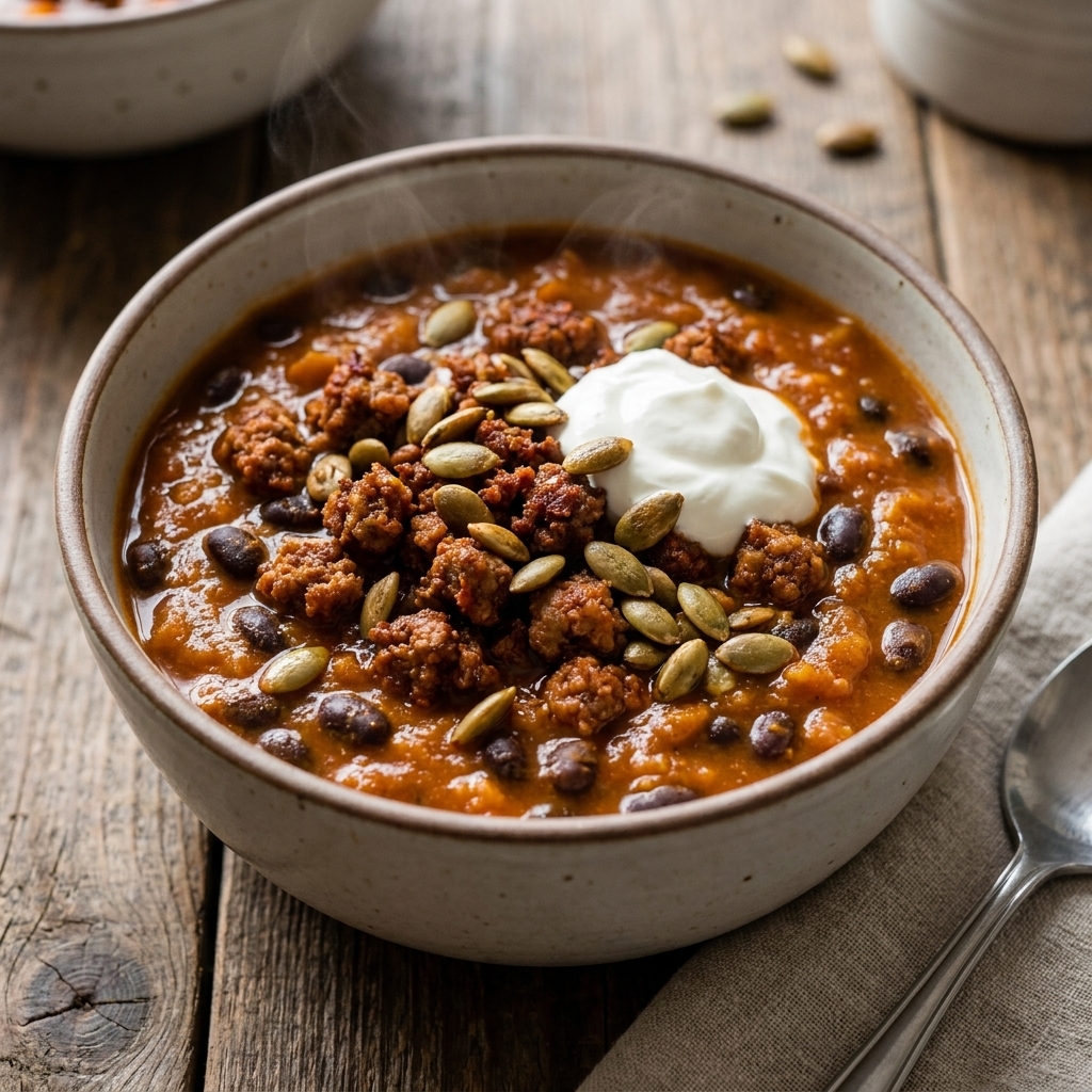 A bowl of pumpkin black bean chili with crumbled chorizo, topped with pepitas and a dollop of sour cream
