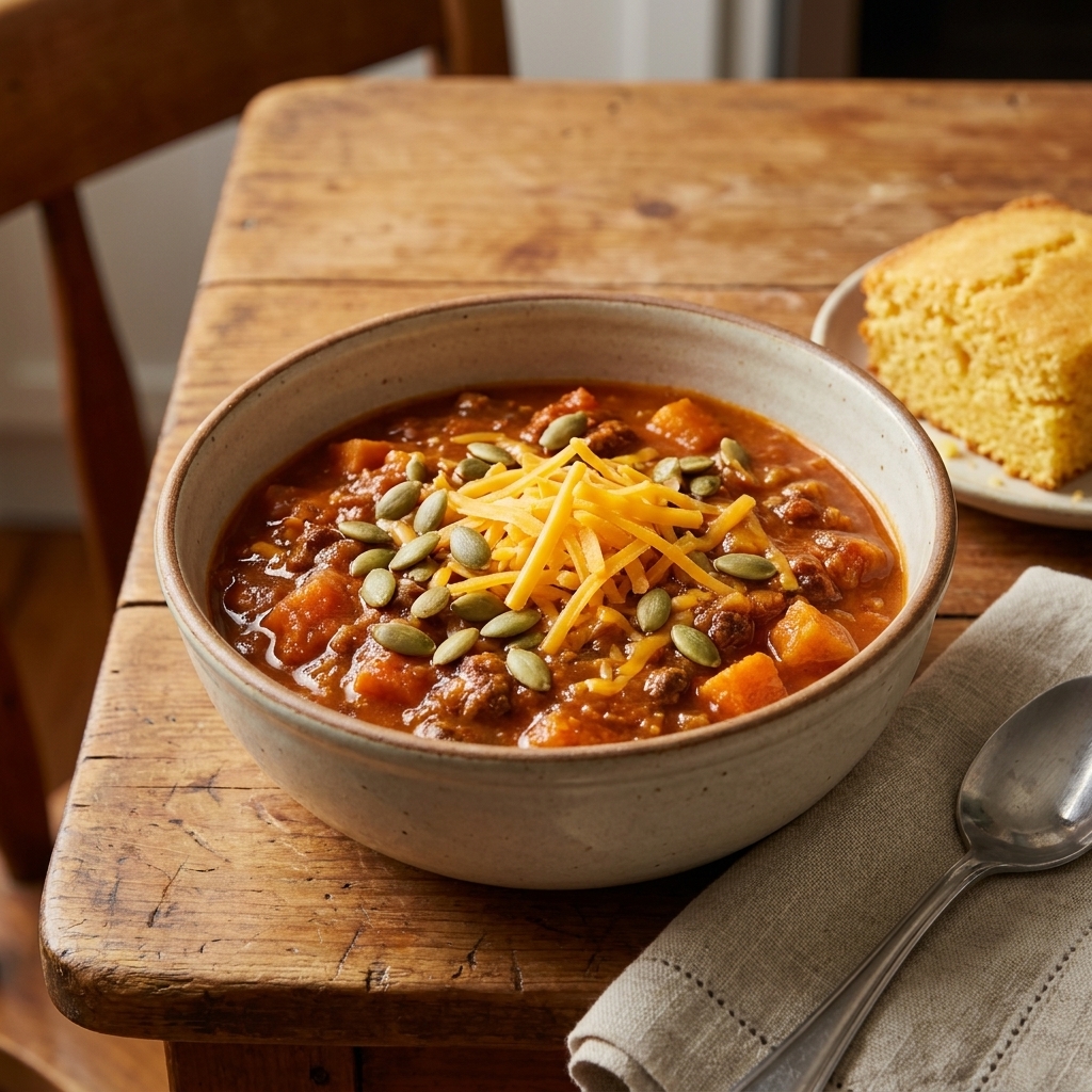 A bowl of pumpkin chili topped with pepitas and shredded cheddar on a rustic kitchen table