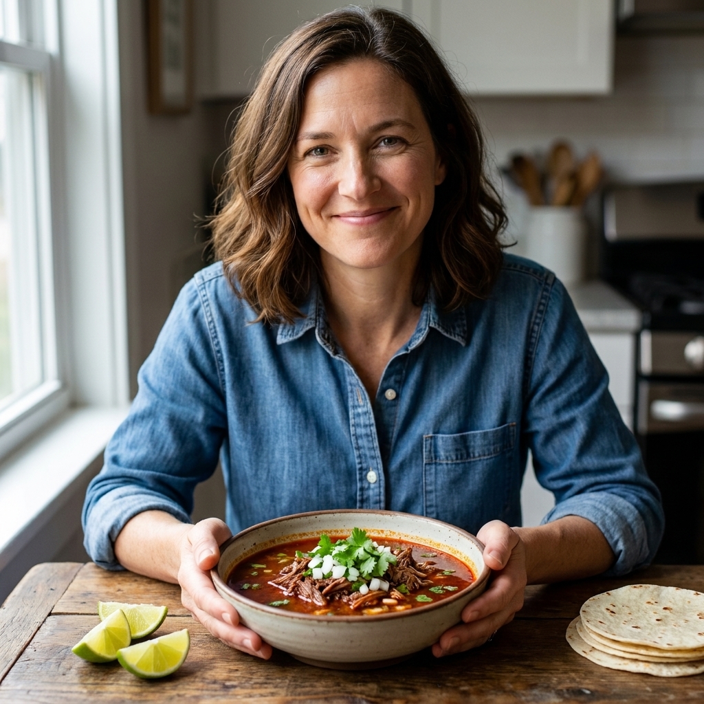 A bowl of reddish birria consomé with shredded beef, chopped onion, and cilantro, with lime wedges on the side