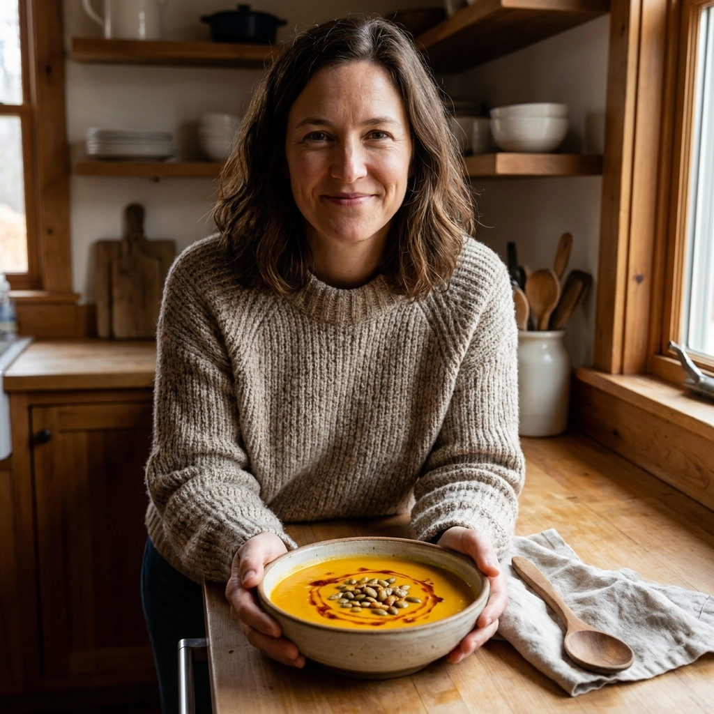 A bowl of roasted pumpkin soup garnished with toasted pepitas and a drizzle of chili oil on a rustic kitchen counter