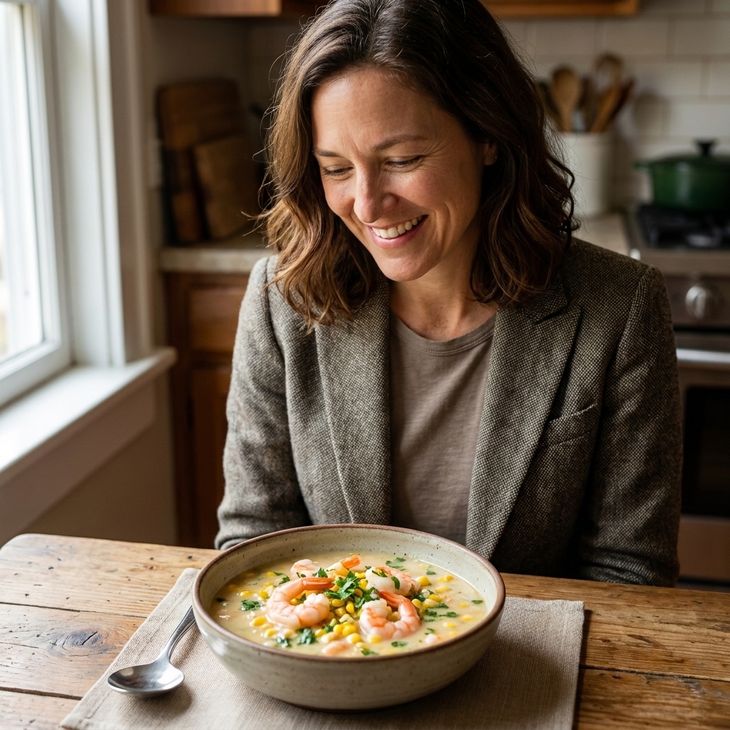 A bowl of shrimp and corn soup with visible shrimp, corn kernels, and chopped herbs on top, set on a kitchen table with a spoon beside it