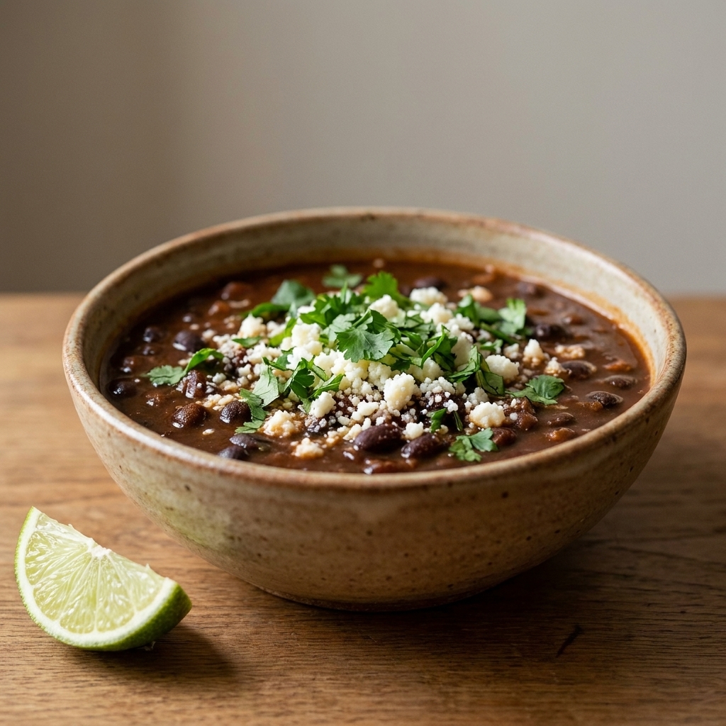 A bowl of smoky black bean chili topped with cilantro and crumbled cheese, with a lime wedge on the side