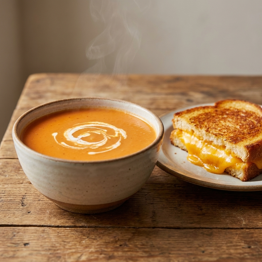 A bowl of smooth tomato soup with a warm orange-gold tint, with a swirl of cream on top and a grilled cheese sandwich on a plate nearby