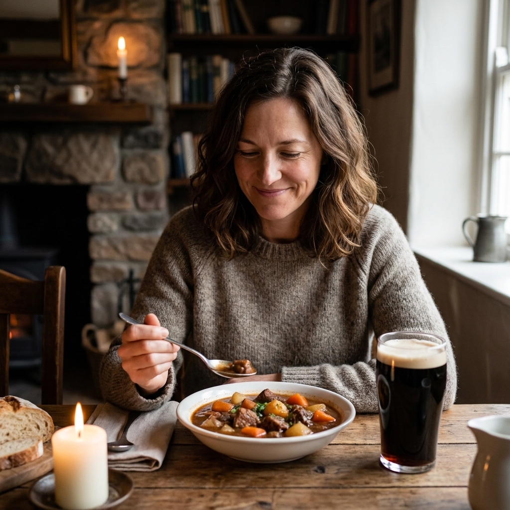 A bowl of thick beef stew with chunks of beef, carrots, and potatoes on a wooden table beside a pint of dark stout, cozy dinner setting