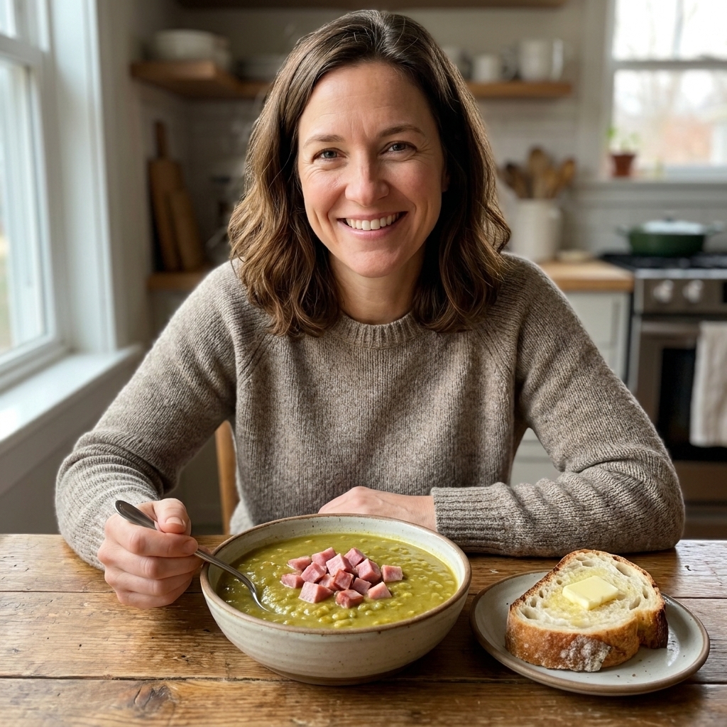 A bowl of thick green split pea soup topped with chopped ham, with a spoon resting on the side and a slice of crusty bread nearby