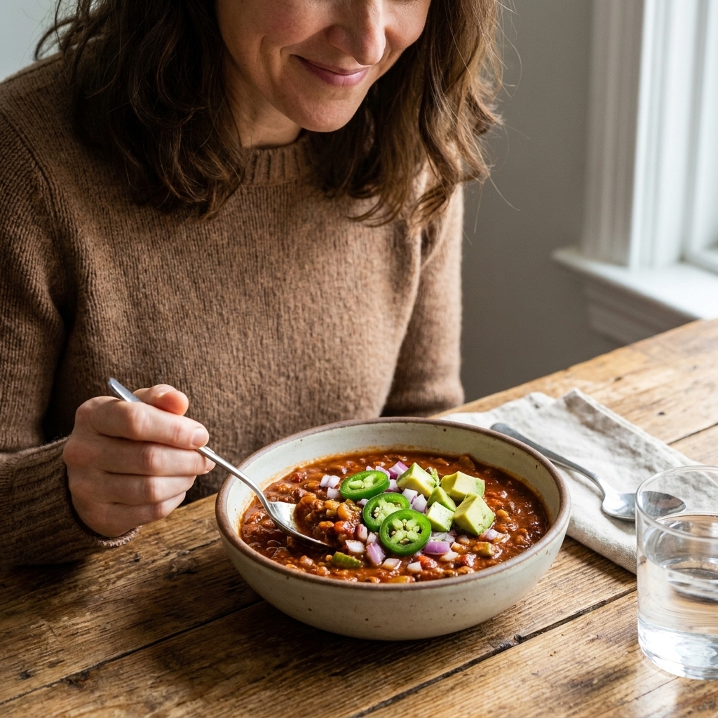 A bowl of thick plant-based chili topped with sliced jalapenos, diced red onion, and avocado on a rustic table with a spoon