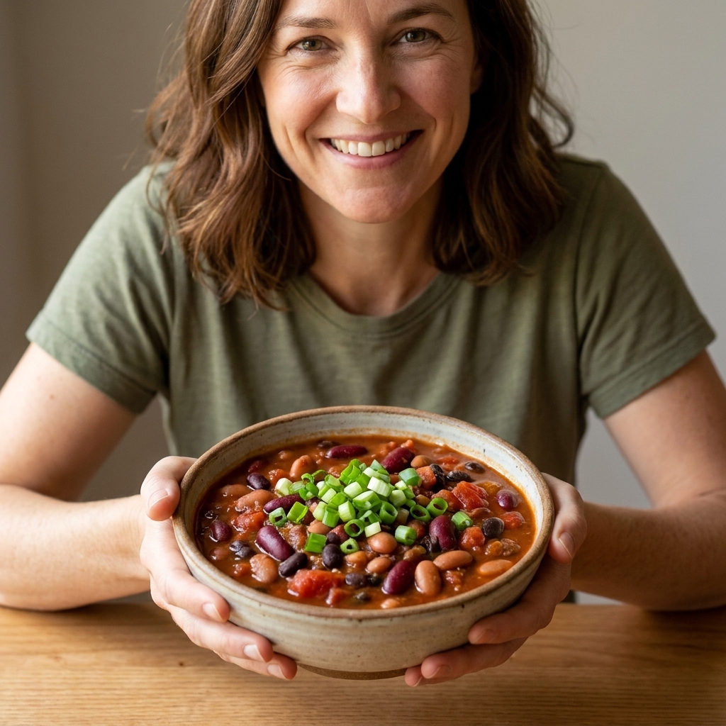 A bowl of thick vegetarian chili with three kinds of beans, tomatoes, and chopped green onions on top