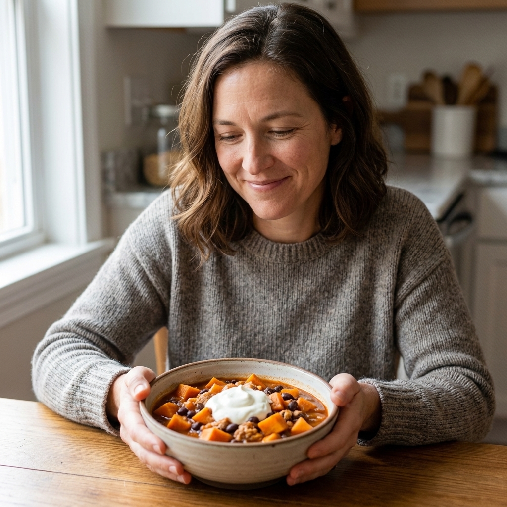 A bowl of turkey and sweet potato chili with orange sweet potato cubes, black beans, and a dollop of sour cream