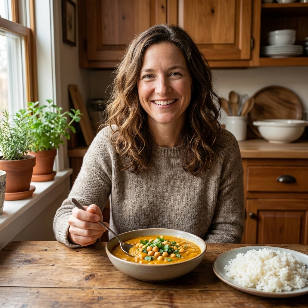 A bowl of vegan butternut squash peanut stew with chickpeas and cilantro on top, served with rice on the side in a cozy kitchen setting