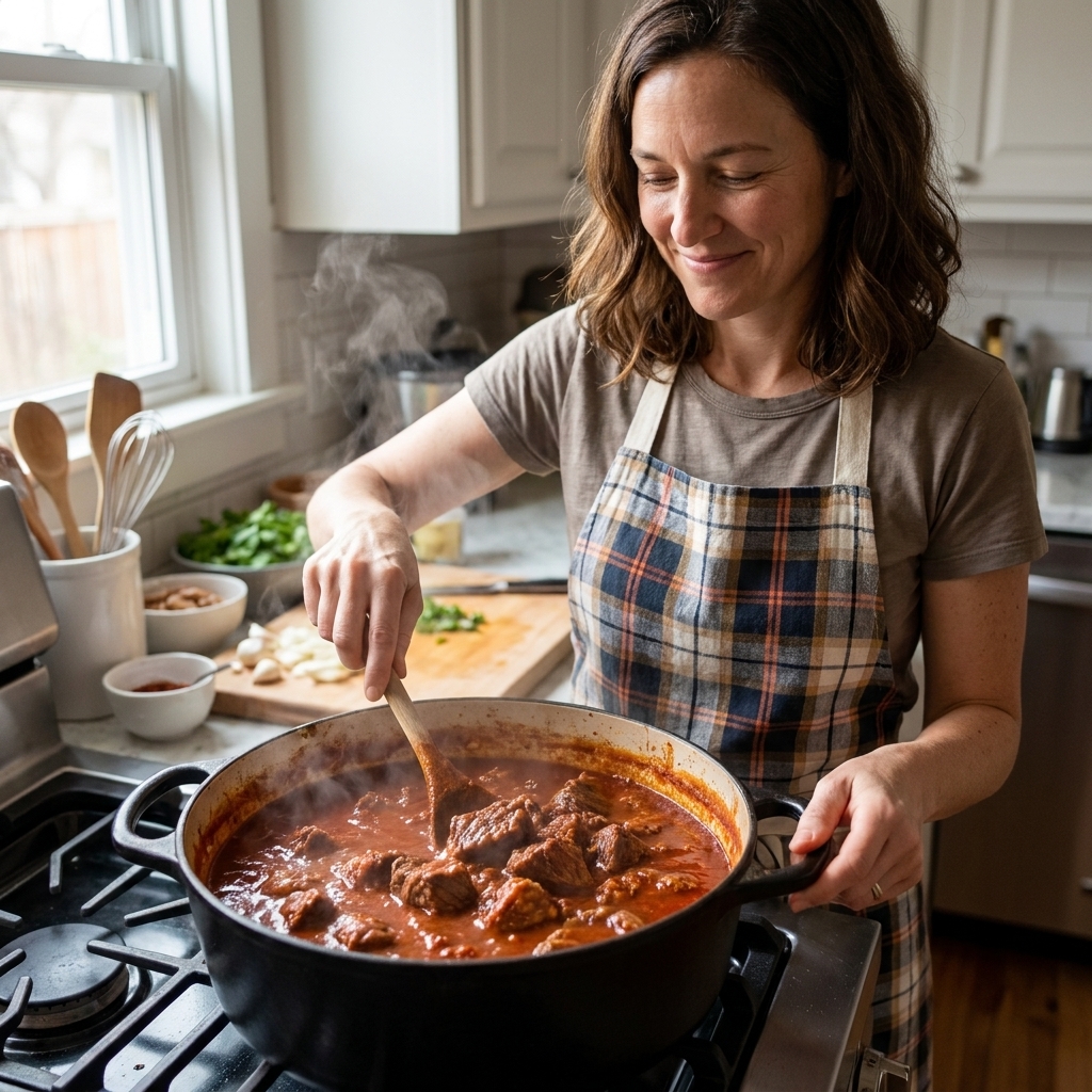A cast iron Dutch oven on a stovetop with Texas red chili gently simmering, showing tender beef chunks in a deep red sauce